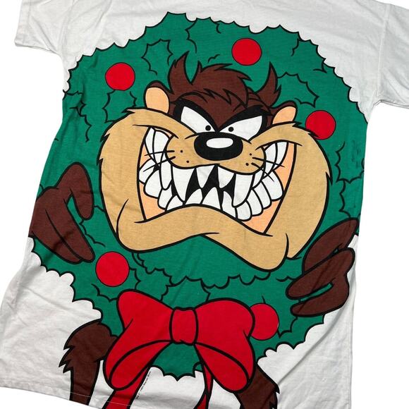 Vintage 90s Christmas Wreath Taz Big Face Sleep T-Shirt Looney Tunes OS, XL - Picture 3 of 7
